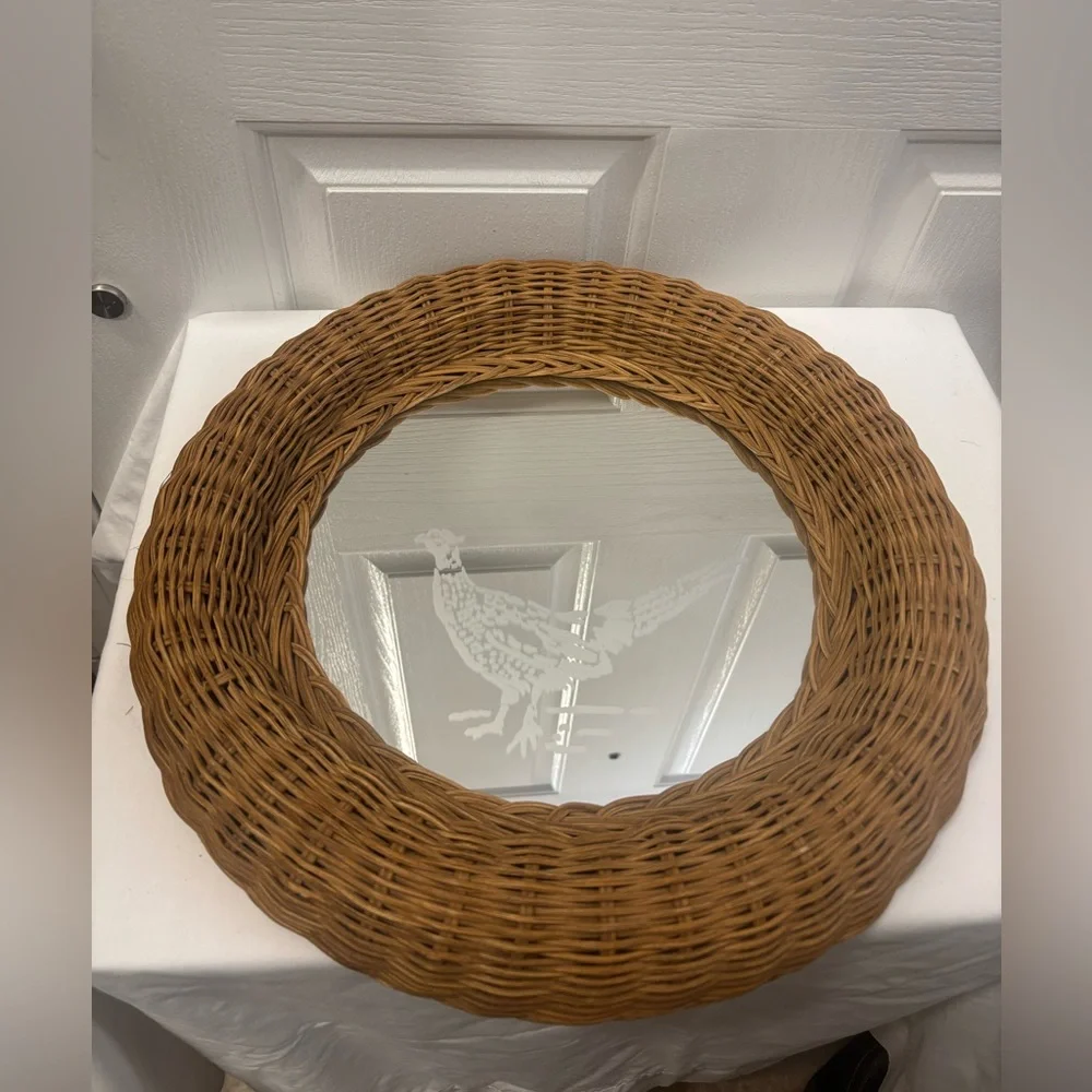 Round Wicker Wall Mirror with Bird Design